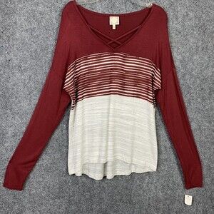 TruSelf Soft Tee Women Medium Mixed Stripe Print Cross Front Neckline NWT